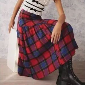 Kimchi Blue Vibrant Red and Blue Plaid Maxi Skirt